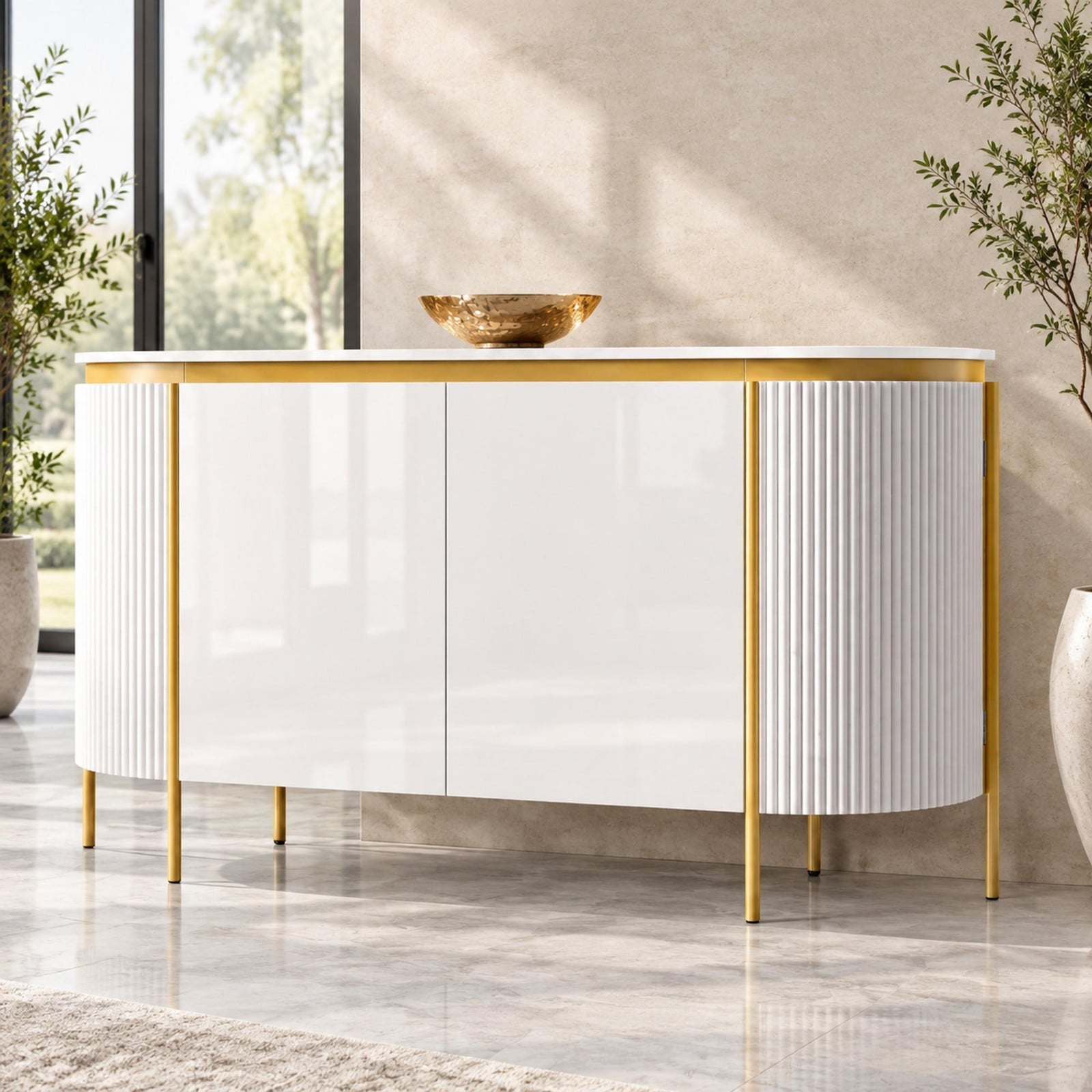 OKWISH Moderne ovale salontafel met legplank en geribbelde voorkant, wit