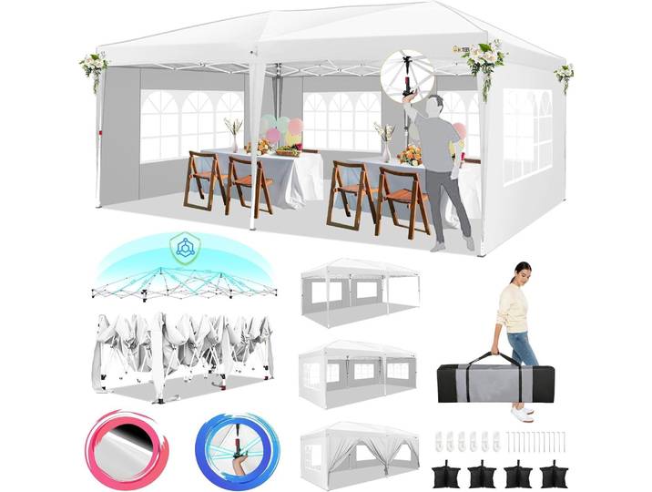 Gazebo pop-up 3x6m avec 6 parois latérales, tente de fête, étanche, Stable avec 8 poteaux résistants au vent, pour mariages, usage commercial