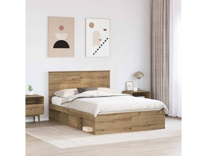 KTHLBRH Bettgestell Eiche Handwerk 150 x 200 cm Massives Kiefernholz, Kopfteil inklusive, modernes Design, leicht zu reinigen