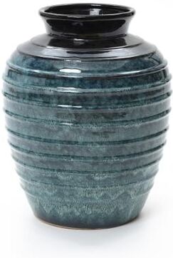 LuxenHome Rippled Blue with Brown Round Ceramic Vase, Home Decor Tabletop & Floor Accent