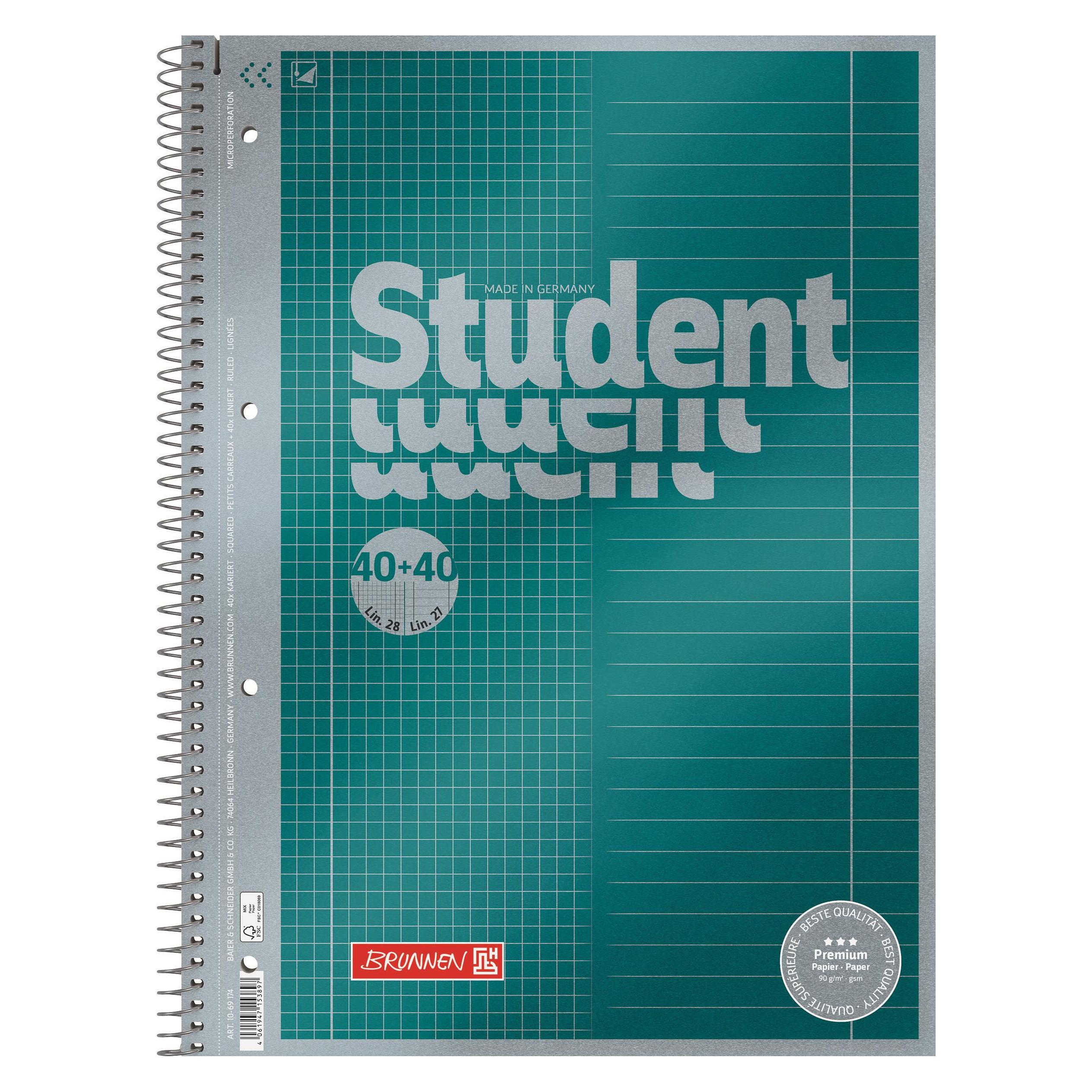 Brunnen Collegeblock Premium Student "DUO" | A4, kariert/liniert, 80 Blatt, petrol (A4, Kariert, Liniert) (1069174) Mindestbestellmenge: 5 Stück