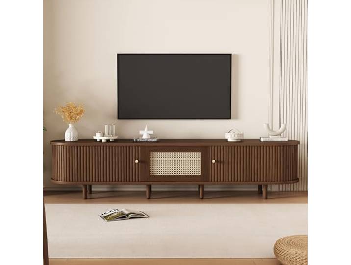 BTM Ovaler TV-Ständer in Nussbaum dunkel, Rattan-Design - 180 cm MDF-Design, verstellbare Füße, 30 kg Belastbarkeit