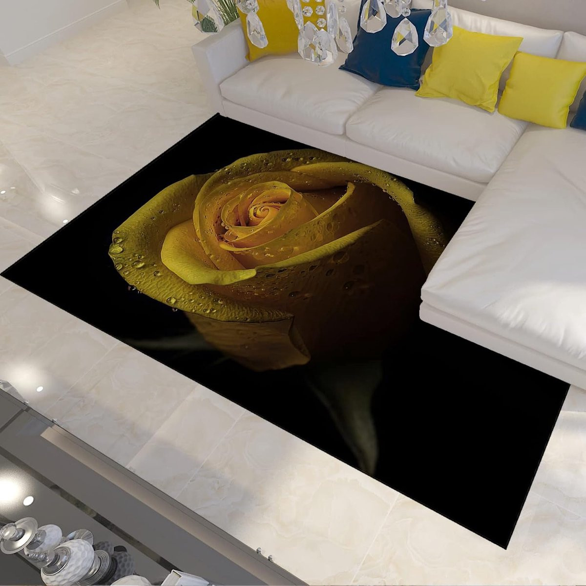 Modern Vloertapijt met Bloemenmotief, Geel Zwart, Polyester, Rechthoekig