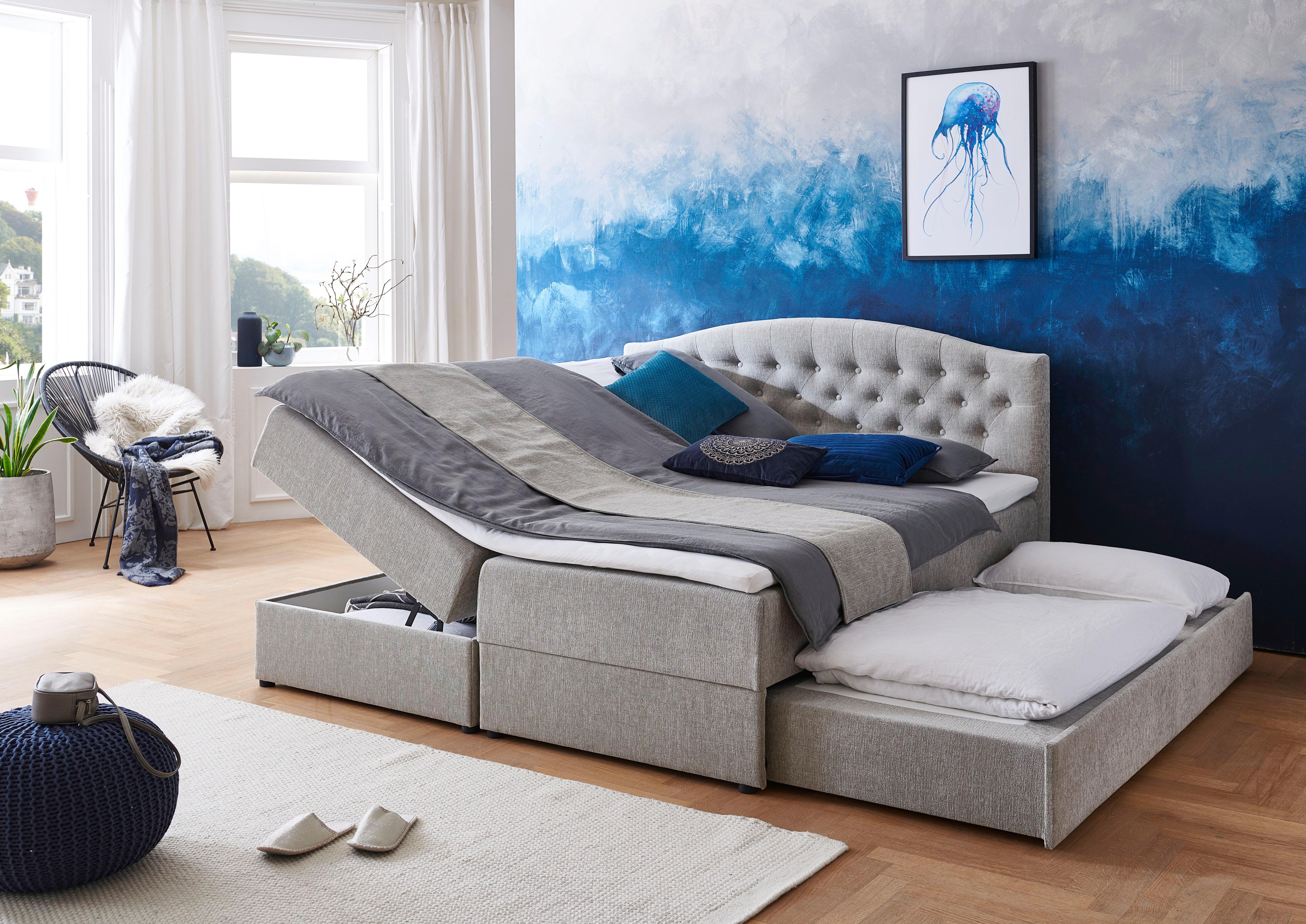 Boxspringbett "Lotte", grau (hellgrau), B:182cm L:213cm, Bezug: Strukturstoff (100% Polyester; 100% Acryl);Bezug Matratzenspiegel: Jersey (100% Polyester und Acryl);Bezug Topperspiegel: Jersey (100% Polyester und Acryl);Bezug Kopfeil: Strukturstoff (100% 