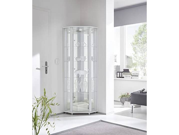 möbelando Eckvitrine Vitrinenschrank Glasvitrine Vitrine Berlin I Weiß