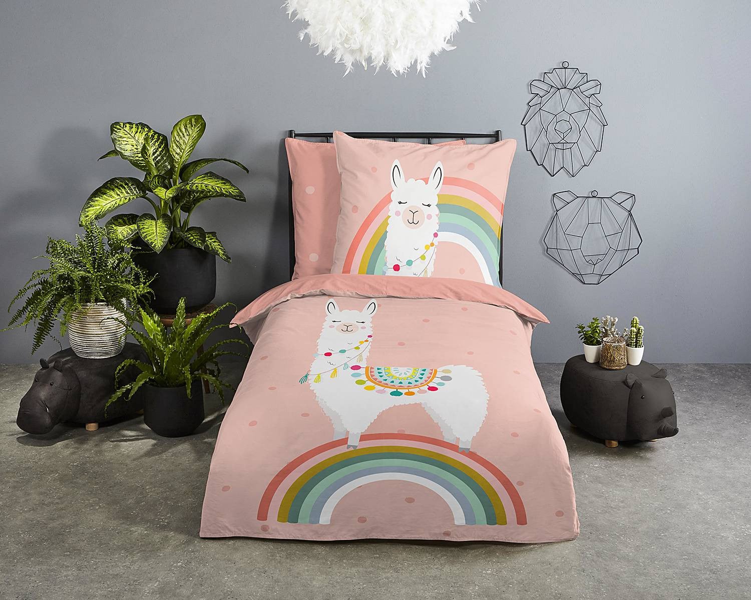 Good Morning Kinderdekbedovertrek Llama, 100% Katoen, Roze/Multicolor, 135 x 200 cm met kussen 80 x 80 cm