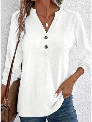 Uplift Essentials Women Solid Color V Neck Long Sleeve Button Top s white
