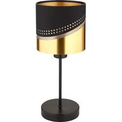 Tischleuchte Textil schwarz gold Beistellleuchte Retro Nachttischlampe Schlafzimmer, Metall, E27 Fassung, DxH 15x38 cm