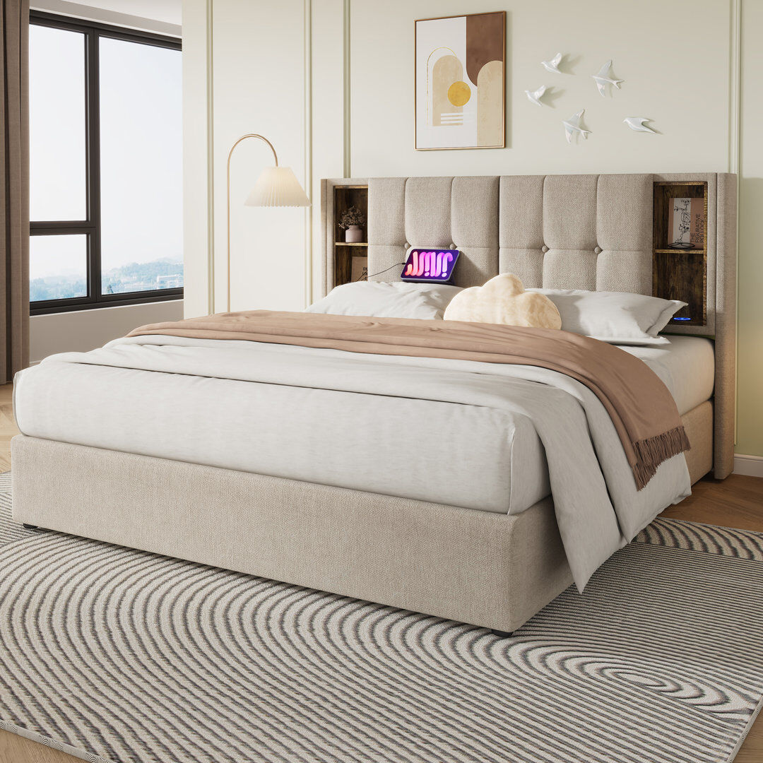 Lark Manor Upholstered Bed With Wireless Charging Beige 180 x 200 cm