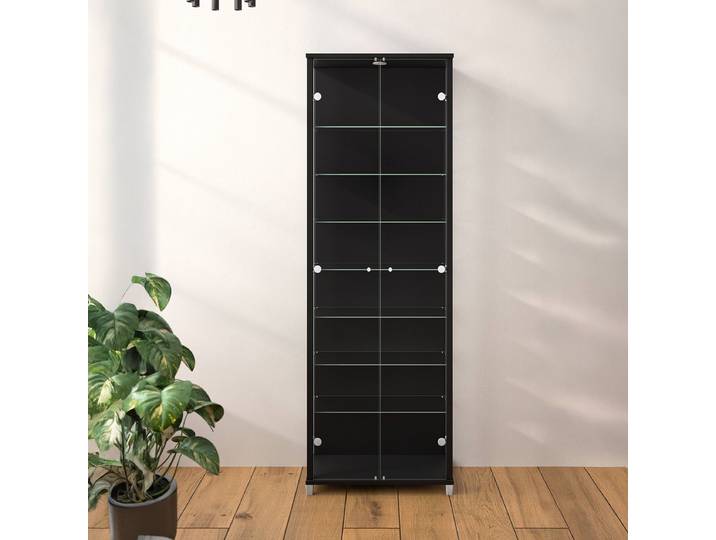 Vitrienschrank 58 cm mit 7 Böden 58 x 172 x 32cm ohne Beleuchtung Schwarz/Eiche Schwarzbraun Dekor