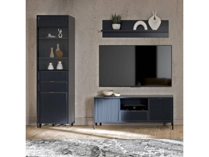 Lomadox Wohnwand Anbauwand Wohnzimmer Set Indigo blau modern 3-teilig Vitrine Wandregal Lowboard