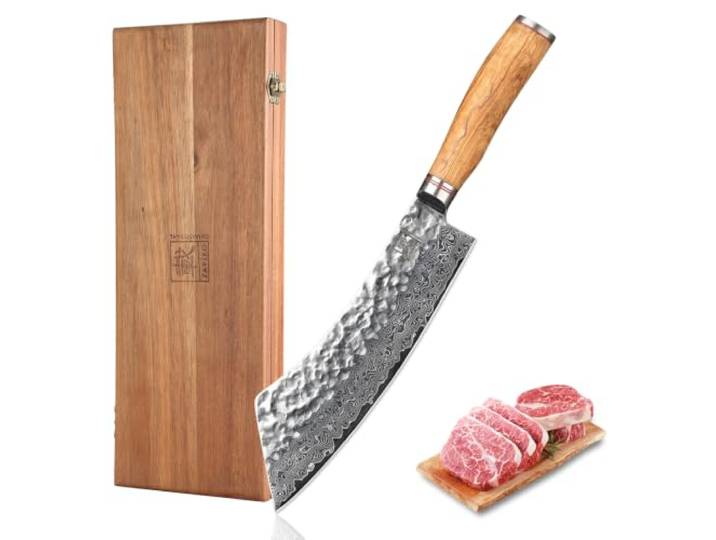 zayiko Minami Blockmesser Hakata Bocho 22,5 cm, Damastmesser aus 67 Lagen Damaststahl mit VG10 Kern, Hammerschlag, Olivenholzgriff, Küchenmesser für Fleisch, Gemüse und Grillgut, in Holzbox