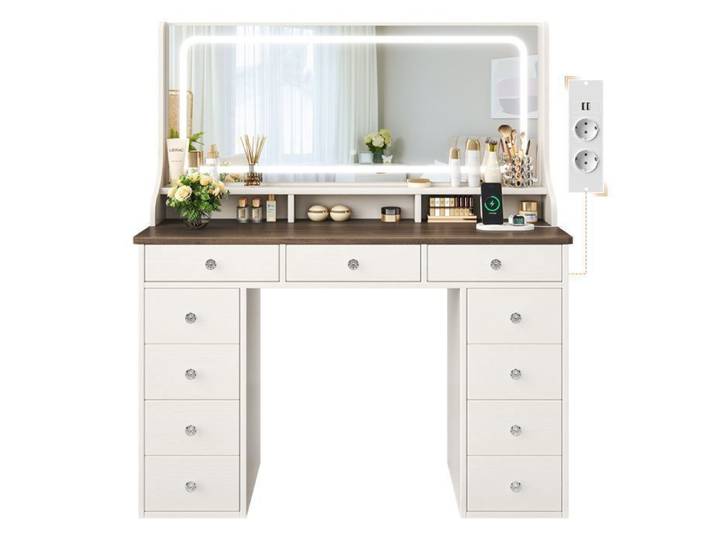 Coiffeuse avec Grand Miroir à Lumières LED 11 Tiroirs Prise de Courant+USB Ports Table de Maquillage Elégante 110x40x135cm
