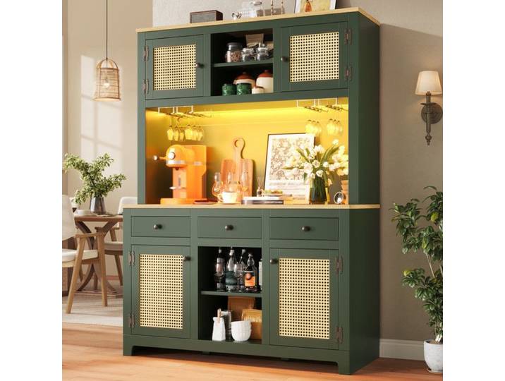 Buffet Cuisine Rangement Haut 120x40x180cm avec Portes en Rotin LED Étagères Réglables et Antichute Vert