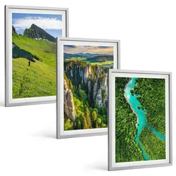 BILDER SET 3er Set - 40x60 cm Silberner Rahmen - Grüne Berge, Flussfelsen