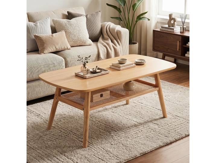 Costway Table Basse Bois Avec Étagère En Rotin (naturel)