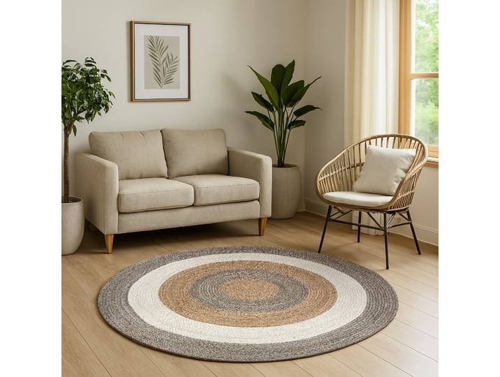 Teppich Terra Rings , beige (natur, beige, taupe), H:10mm Ø:200cm, Jute, MYFLAIR MÖBEL & ACCESSOIRES, Teppiche, Teppich, Juteteppich, handgeflochten, Wendeteppich, gestreift, reine Naturfaser