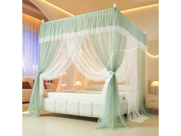LUOZIQINX Prinzessin Moskitonetz Bett, LuxuriöSe Betthimmel aus Mesh & Stoff, Doppelschichtiges Baldachin für Die Schlafzimmerdekoration,Grün,120x200x210cm