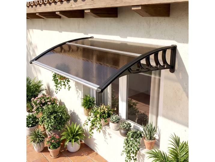 Outsunny Auvent Porte Polycarbonate Aluminium 103x96,5cm Marron