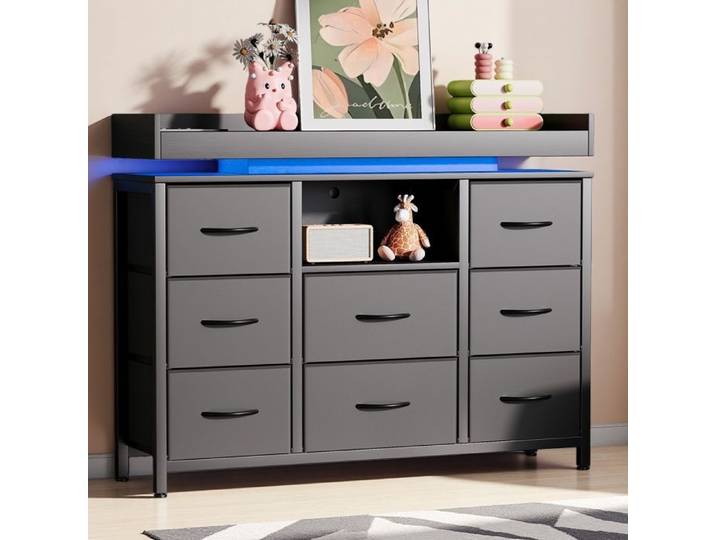 Buffet haut - URBANLUXE - Buffet industriel moderne - 8 tiroirs - LED & USB - Structure métal noir