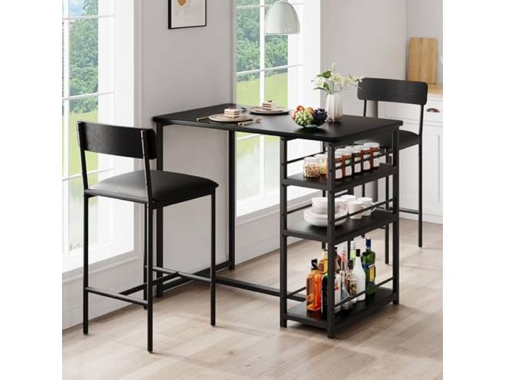 Koioplie Bartisch Set mit 2 Hockern Schwarz Moderner Bartisch mit 3 Ablagen und gepolsterten Hockern. Perfekt für Küche, Wohnzimmer oder Bistro