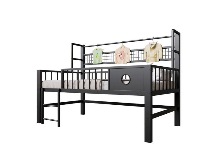 Stilvora Hochbett 90/200 cm in Schwarz Kinderbett mit Sicherheitsgitter, Kleiderstange und Regal im kompakten Design, Metall, 90x200 cm, Babymöbel & Kindermöbel, Kinderzimmer & Jugendzimmer, Kinderbetten, Hochbetten