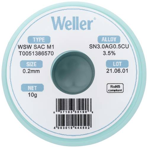 Weller T0051386570 Lötzinn, bleifrei Spule, bleifrei Sn3,0Ag0,5Cu 10g 0.20mm
