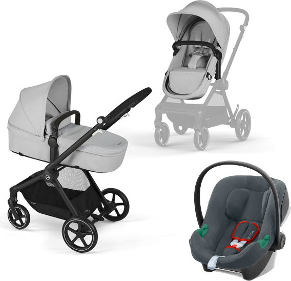 Cybex Eos Basic 3-in-1 Kinderwagen Schwarz + Adapter + Aton B2 I-Size Autositz Lava Grau