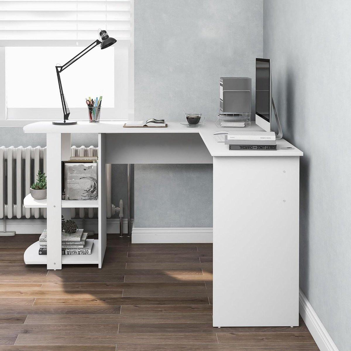 Wit L-vormig hoekbureau met opbergplanken, Breedte: 140 cm
