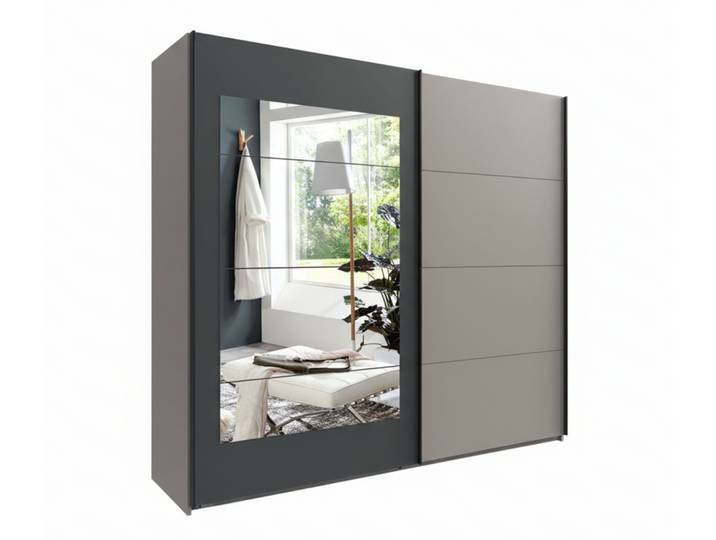 Schwebetürenschrank Kleiderschrank 2-türig Spiegel mit Zubehör in Sandgrau / 22009