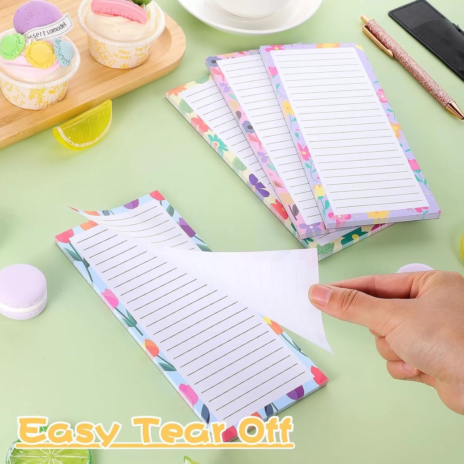 INF Bloc-notes magnétique pour réfrigérateur - Série bordure florale (4 blocs + étui pour stylo en PU) avec motifs fruitiers et