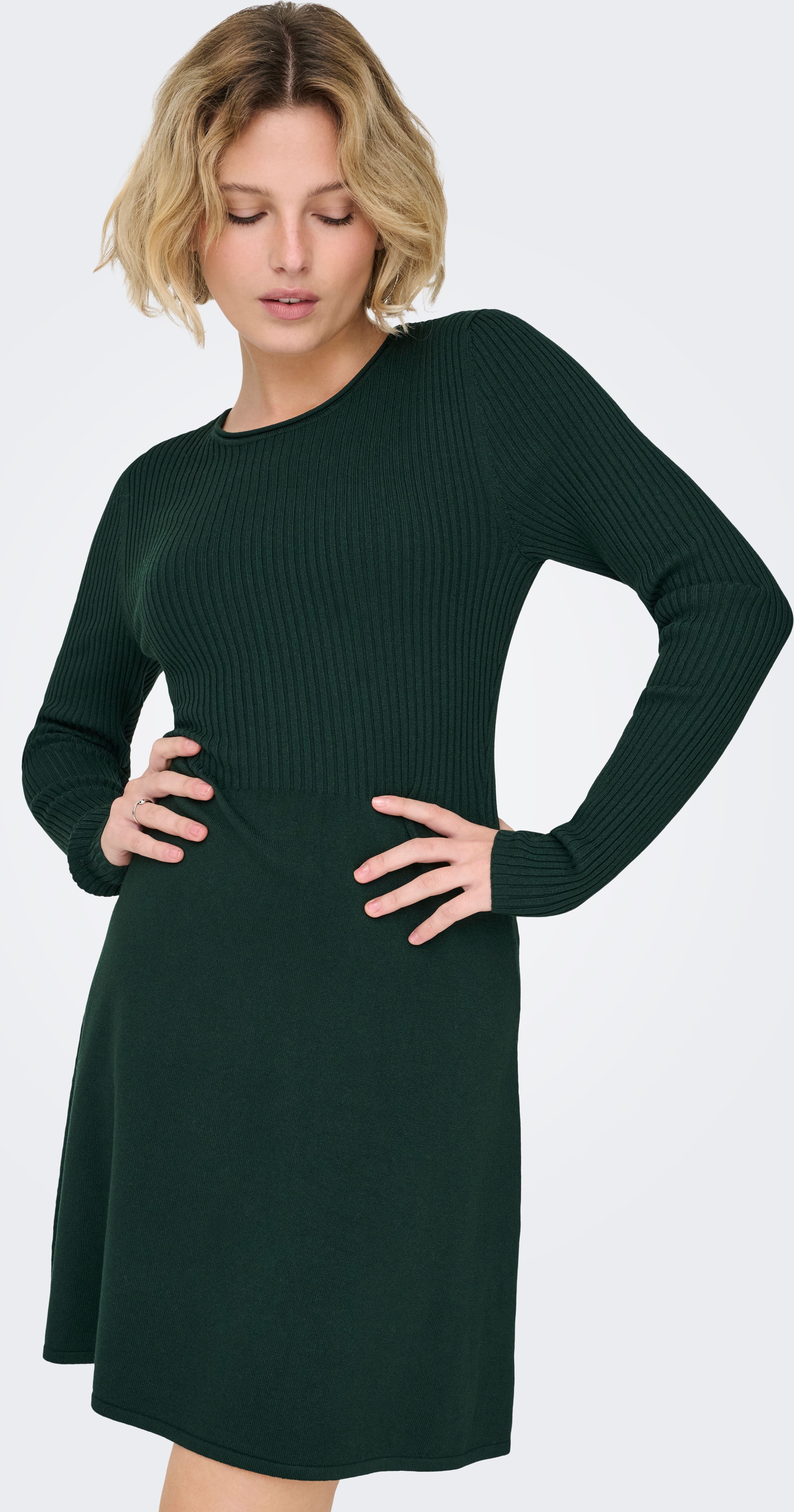 Minikleid ONLY "ONLMISTY LIFE LS O-NECK RIB DRES EX KNT", Damen, Gr. M, N-Gr, Langarm, Rippstrick, grün (pine grove), Rippstrick, Obermaterial: 70% Viskose, 30% Nylon, unifarben, regular fit kurz, Rundhals, Kleider Minikleid, Viskosemischung, regular fit,