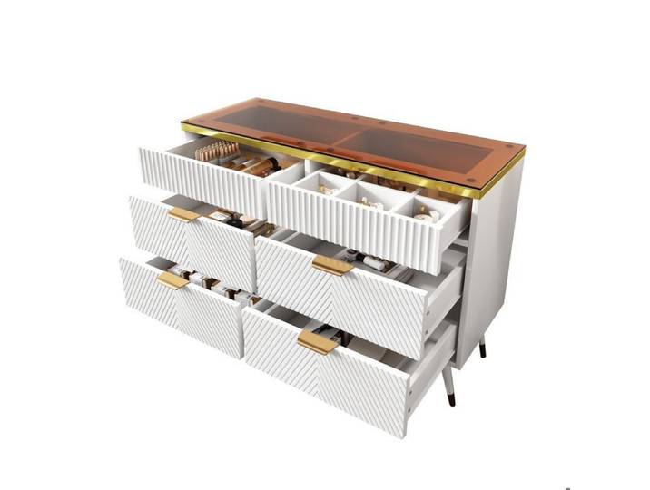 Commode Moderne Buffet en Verre Ambré avec 6 Tiroirs Compartimentage Anti-basculement Armoire de Rangement 120x40x76 cm Blanc