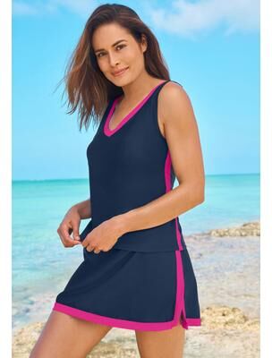 Plus Size Women's Chlorine-Resistant A-Line Two-Piece Skirtini Set by Swim 365 in Navy Azalea (Size 28)