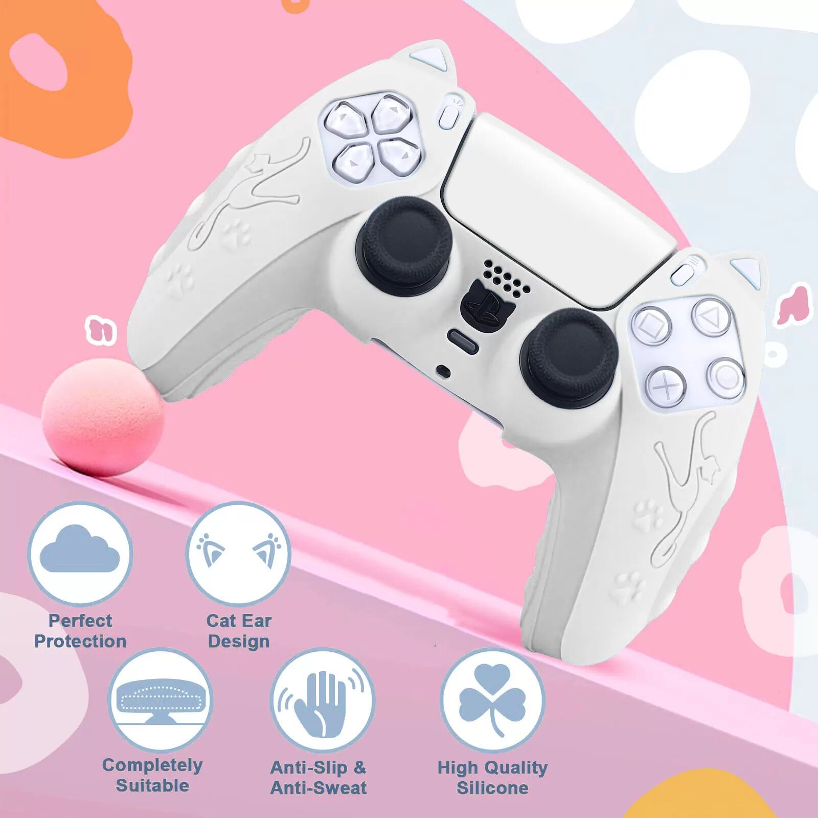 INF PS5 Silikonhülle mit Katzenmotiv – Schutzhülle für Controller, Weiß Weiß