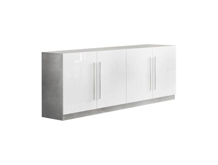 CLARK - Buffet 4 Portes Moderne Laqué Blanc et Marbre Poignées en Métal
