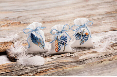 Geschenksäckchen "Blaue Federn", 3er-Set