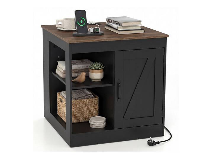 COSTWAY Beistelltisch, Nachttisch mit Ladefunktion, verstellbarem Regal Holz