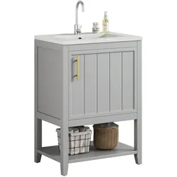 Einzelwaschtisch 60x45x80 cm mit Keramikwaschbecken, Ablage und Stauraum in Hellgrau für Badezimmer und Gäste-WC