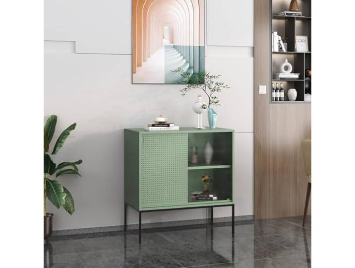 [en.casa] Sideboard Eidsvoll Wohnzimmerschrank Kommode mit Glas-Akzent Vitrinenschrank Geriffeltes Glas Aufbewahrungsschrank 80x45x85cm Grün