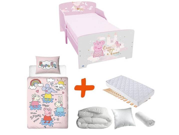 Lit Junior Peppa Pig - 140x70 cm - Lit + Matelas + Parure + Couette + Oreiller - Rose