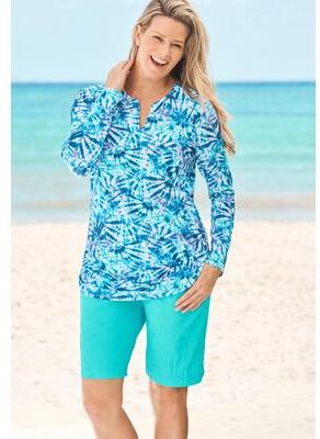 Plus Size Women's Split-Neck Long Sleeve Swim Tee with Built-In Bra by Swim 365 in Blue Tie Dye Swirl (Size 18)