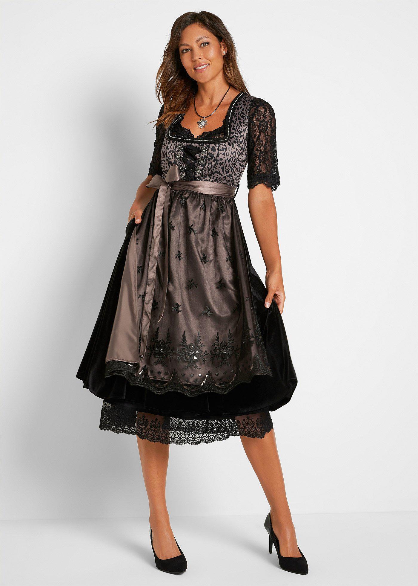 bonprix Dirndl mit Leomuster, schwarz, Gr.48, Dirndl mit Leomuster mit seitliche Eingriffstasche im Rockteil bietet eine tolle Möglichkeit Kleinigkeiten unterzubringen., aus Samt,Satin