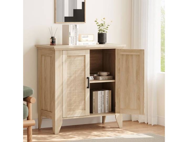 Buffet Cuisine Rotin - PROMIRACAL - Meuble Cannage Bohème - 2 Portes - Étagère Réglable - Beige