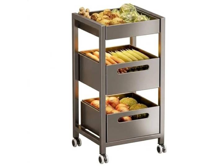 Xumh2024-3 Lagerung 3-stufiger, schmaler Rollwagen mit ausziehbarer Schublade for die Küche, Aufbewahrungsregal Obst- und Gemüsekörben(Schwarz,Klein)