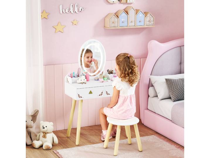 AIYAPLAY Coiffeuse Enfant 2 en 1 avec Miroir LED et Tabouret Blanc