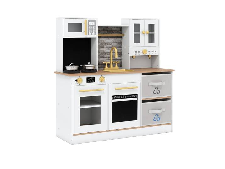 Kinderkeuken Speelset Houten Speelkeuken met Fornuis Geluid & Licht Koffiemachine Kraan & Kookgerei Natuur