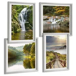 BILDER SET 4er Set - 50x50 cm & 40x60 cm Silberner Rahmen - Wasserfälle, Berge, Wolken, Herbst