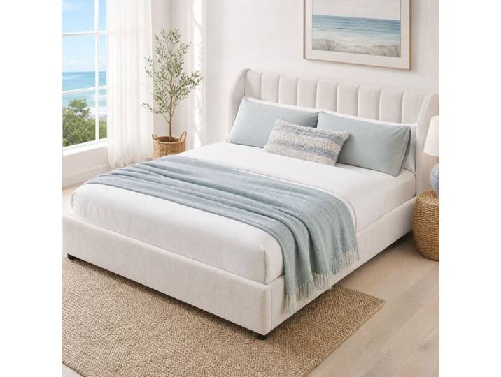 Lit plateforme 180x200 cm rembourré en velours beige avec sommier à lattes tête de lit capitonnée 2 coussins Grjofek