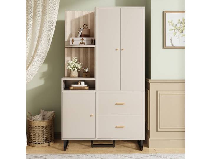 Meuble d'entrée - DREAMMESPACE - Armoire compacte - 110x38x186cm - MDF - Beige-gris